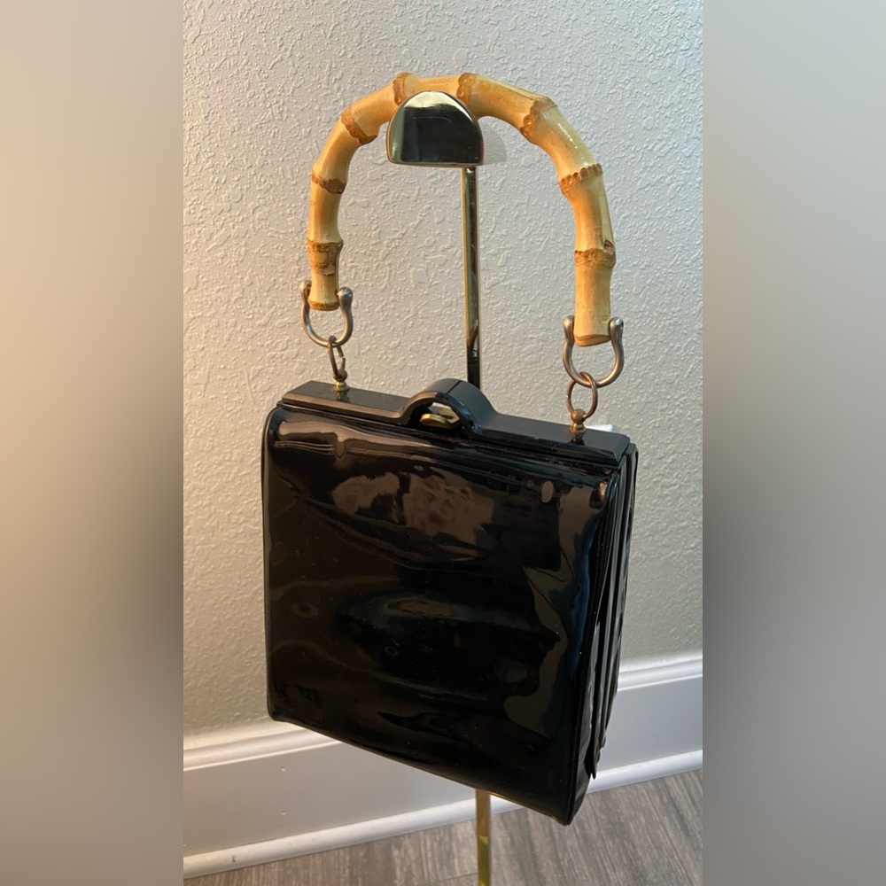 Vintage Evening Black Patent Vinyl Top Handle Handbag Purse, Bamboo Handle - Picture 1 of 11
